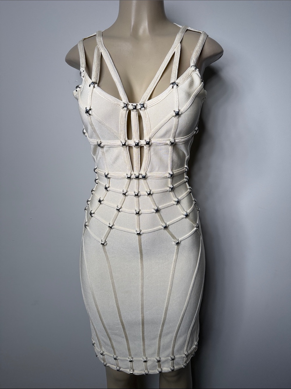 Herve Leger Ivory Strappy Cage Mini Dress